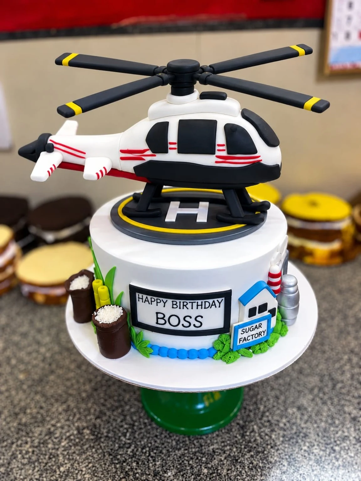 Celebration cake with a helicopter decoration